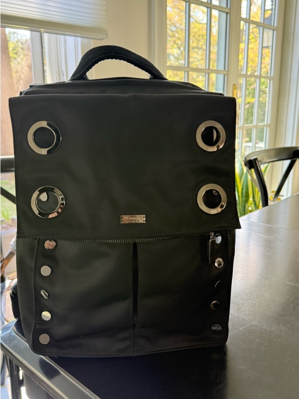 Hammitt Black Nylon Backpack with Silver Eyelet Accents